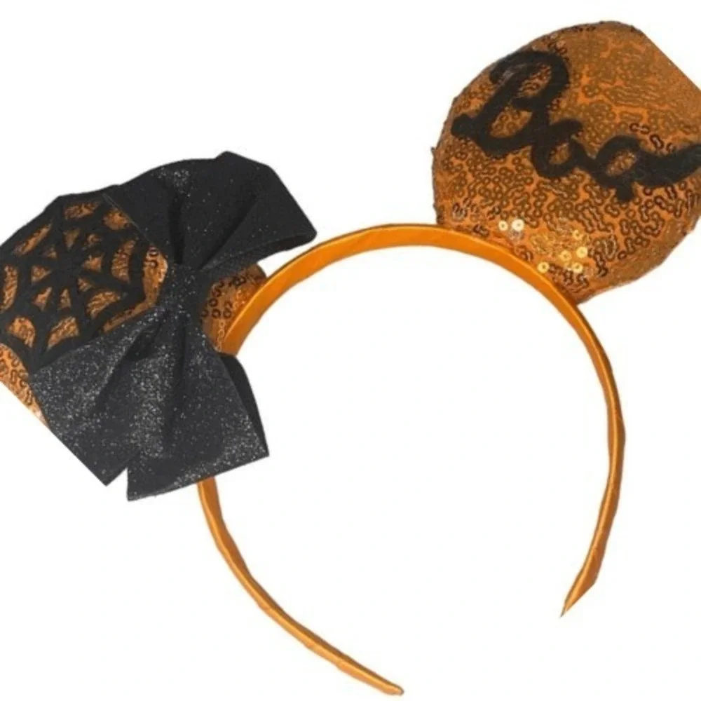 Disney Kids Halloween Minnie‎ Mouse Ears Orange Sequin Spiderweb Boo Glitter Bow